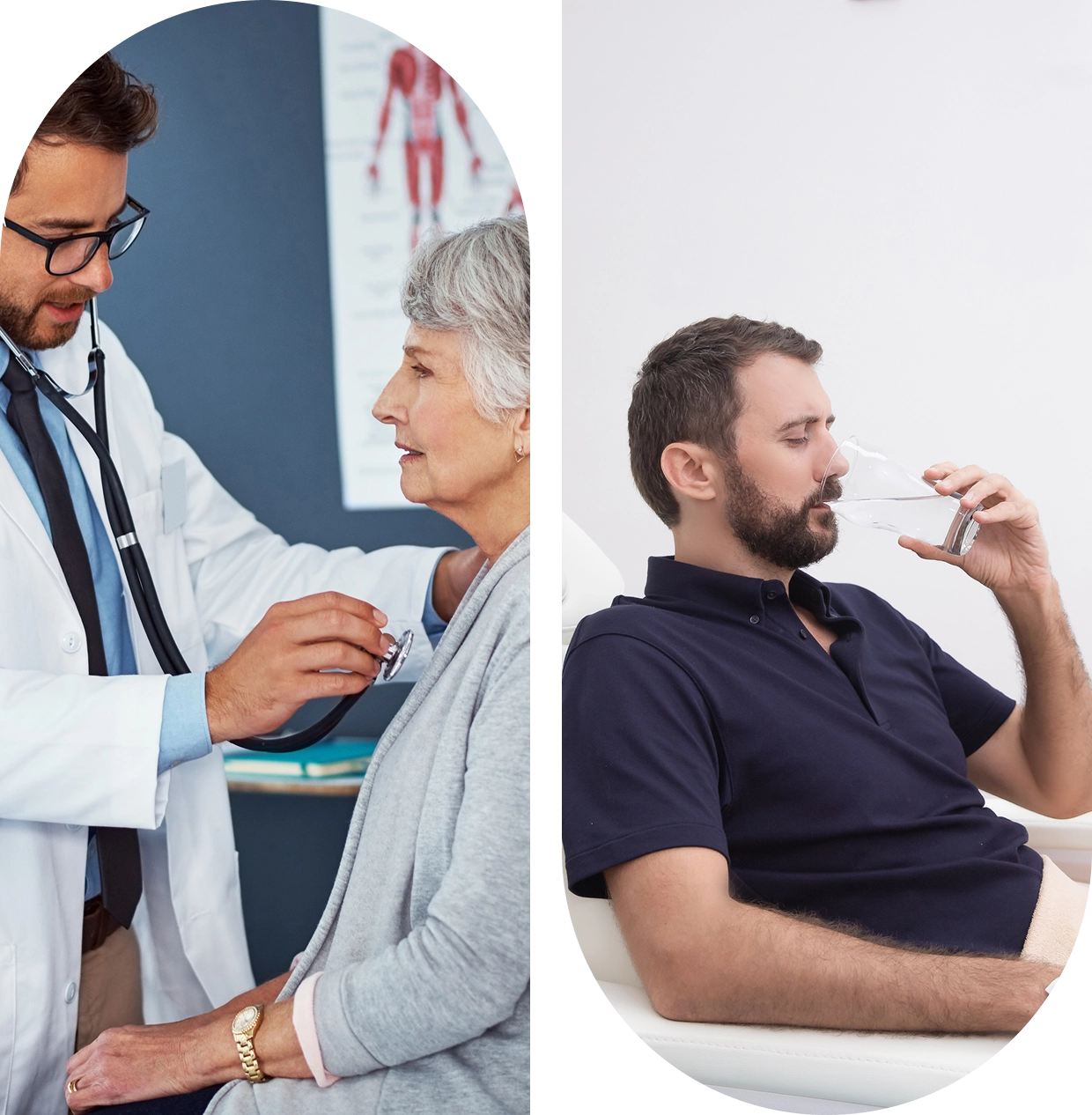 Doctor examining patient; man drinking water. Doctor examining patient; man drinking water.