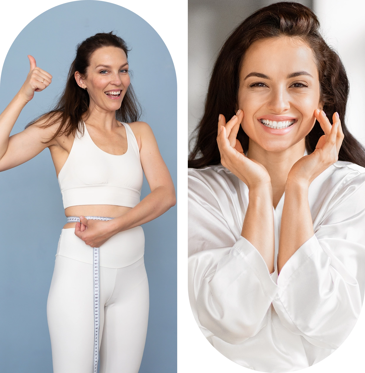 Women smiling, measuring waist, feeling happy. Women smiling, measuring waist, feeling happy.
